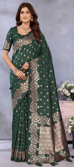 Green color Saree in Banarasi Silk fabric with Thread, Weaving work