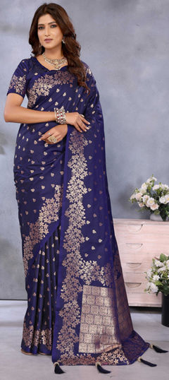Blue color Saree in Banarasi Silk fabric with Thread, Weaving work