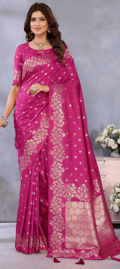 Pink and Majenta color Saree in Banarasi Silk fabric with Thread, Weaving work