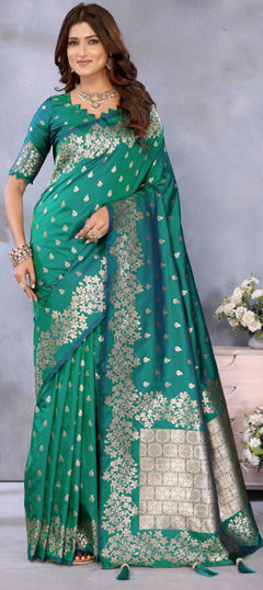 Green color Saree in Banarasi Silk fabric with Thread, Weaving work