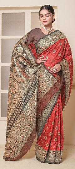 Red and Maroon color Saree in Banarasi Silk fabric with Weaving, Zari work
