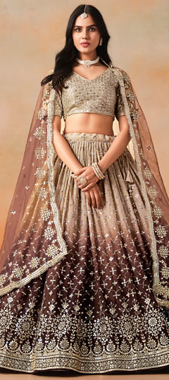 Beige and Brown color Lehenga in Georgette fabric with Embroidered, Sequence, Thread, Zari work