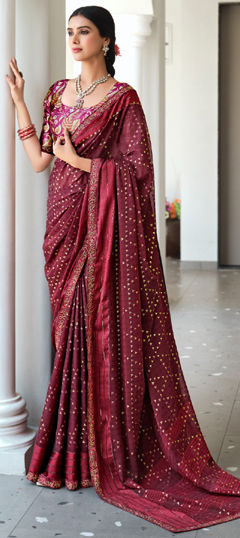 Red and Maroon color Saree in Georgette fabric with Weaving, Zari work