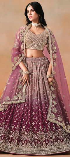 Red and Maroon color Lehenga in Georgette fabric with Embroidered, Sequence, Thread, Zari work