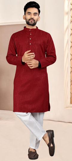 Red and Maroon color Kurta Pyjamas in Cotton fabric with Embroidered, Thread work