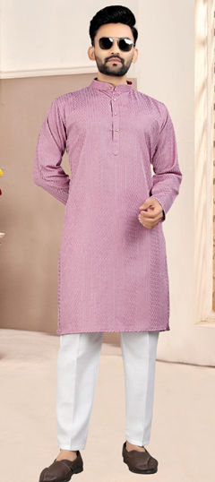 Purple and Violet color Kurta Pyjamas in Cotton fabric with Embroidered, Thread work