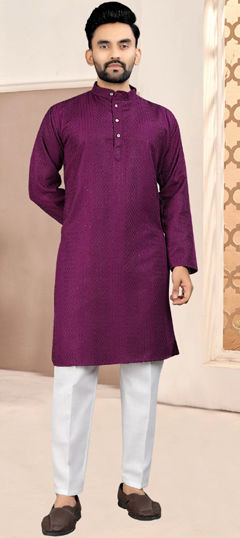 Purple and Violet color Kurta Pyjamas in Cotton fabric with Embroidered, Thread work