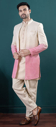 Beige and Brown, Pink and Majenta color IndoWestern Dress in Viscose fabric with Embroidered, Resham, Sequence, Thread work