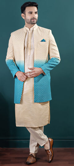Blue, Gold color IndoWestern Dress in Art Silk fabric with Embroidered, Resham, Sequence, Thread work