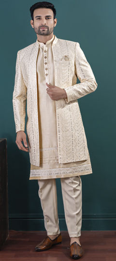 Beige and Brown color IndoWestern Dress in Art Silk fabric with Embroidered, Resham, Sequence, Thread work