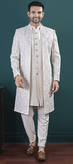 White and Off White color IndoWestern Dress in Viscose fabric with Embroidered, Resham, Sequence, Thread work