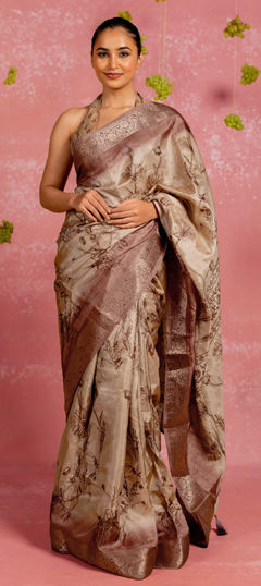 Beige and Brown color Saree in Blended, Silk fabric with Floral, Printed work