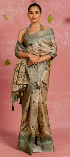 Beige and Brown color Saree in Blended, Silk fabric with Floral, Printed work