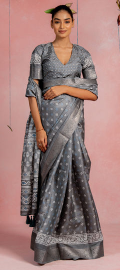 Black and Grey color Saree in Blended, Silk fabric with Printed work
