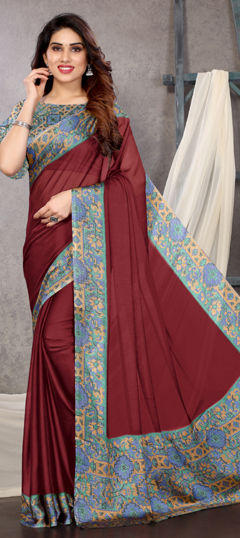 Red and Maroon color Saree in Chiffon fabric with Digital Print work
