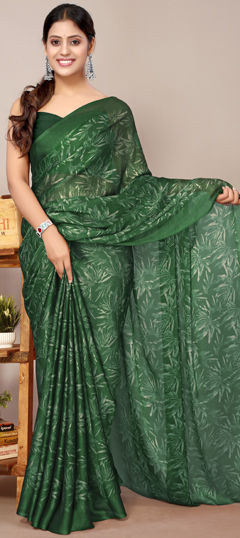 Green color Saree in Chiffon fabric with Floral, Printed work