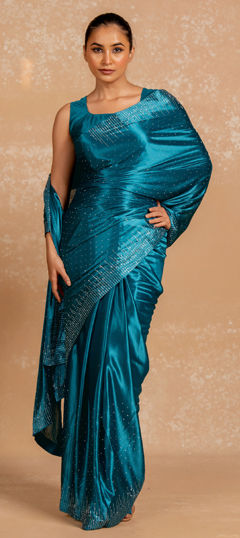 Blue color Saree in Blended, Silk fabric with Stone, Swarovski work