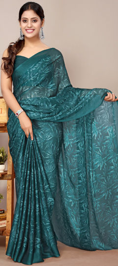 Blue color Saree in Chiffon fabric with Floral, Printed work