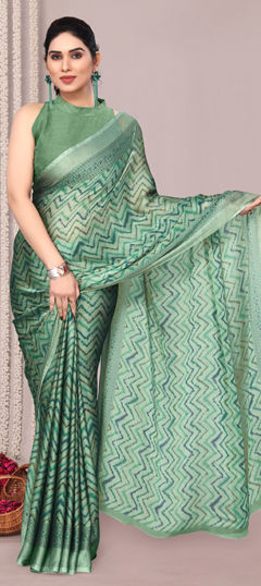 Green color Saree in Chiffon fabric with Floral, Printed work