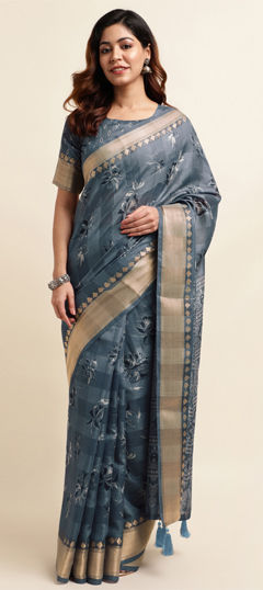 Blue color Saree in Cotton fabric with Floral, Printed work