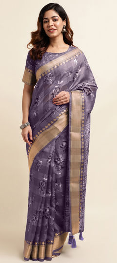 Purple and Violet color Saree in Cotton fabric with Floral, Printed work