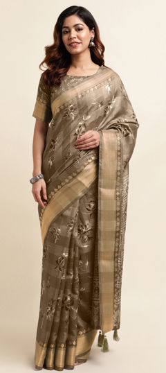 Beige and Brown color Saree in Cotton fabric with Floral, Printed work