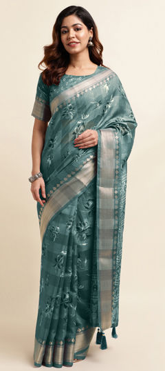 Green color Saree in Cotton fabric with Floral, Printed work