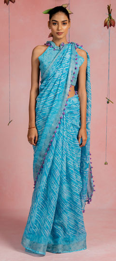 Blue color Saree in Blended Cotton fabric with Printed work
