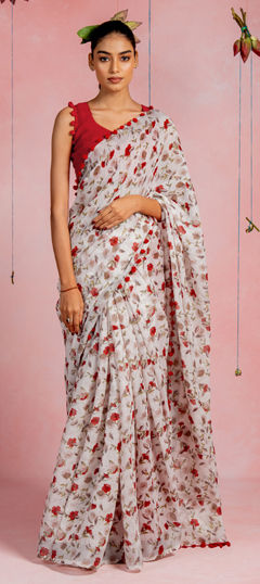 White and Off White color Saree in Blended Cotton fabric with Floral, Printed work