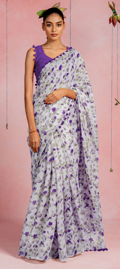 White and Off White color Saree in Blended Cotton fabric with Floral, Printed work