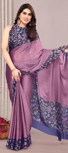 Purple and Violet color Saree in Chiffon fabric with Floral, Printed work