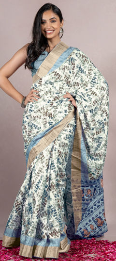 White and Off White color Saree in Blended fabric with Printed work