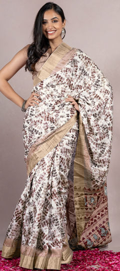 White and Off White color Saree in Blended fabric with Printed work
