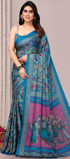 Blue color Saree in Chiffon fabric with Digital Print work