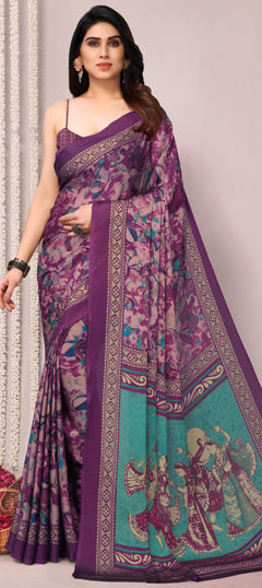 Purple and Violet color Saree in Chiffon fabric with Digital Print work