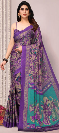 Purple and Violet color Saree in Chiffon fabric with Floral, Printed work