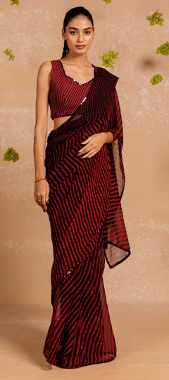 Red and Maroon color Saree in Georgette fabric with Lehariya, Printed work