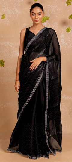 Black and Grey color Saree in Organza Silk fabric with Stone, Swarovski work