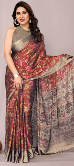 Red and Maroon color Saree in Chiffon fabric with Floral, Printed work