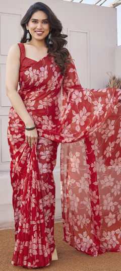 Red and Maroon color Saree in Chiffon fabric with Floral, Printed work