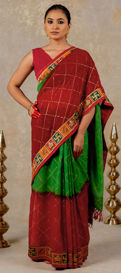 Green, Red and Maroon color Saree in Georgette fabric with Foil Print, Lace work