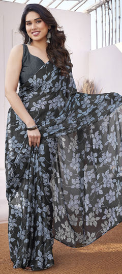 Black and Grey color Saree in Chiffon fabric with Floral, Printed work