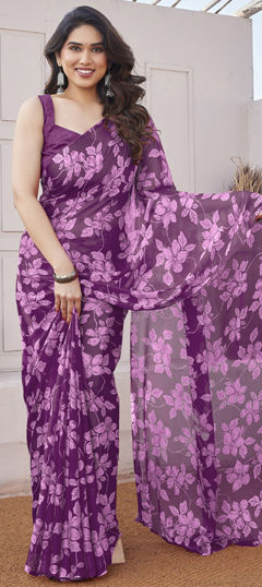 Purple and Violet color Saree in Chiffon fabric with Floral, Printed work