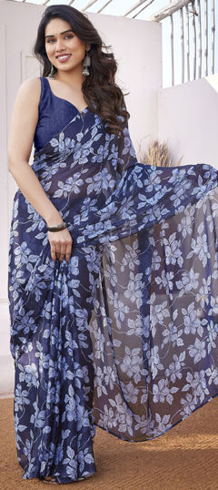 Blue color Saree in Chiffon fabric with Floral, Printed work