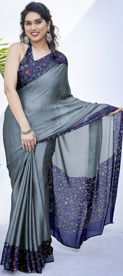 Black and Grey color Saree in Chiffon fabric with Printed work