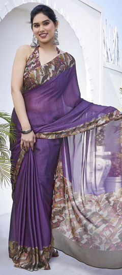Purple and Violet color Saree in Chiffon fabric with Floral, Printed work