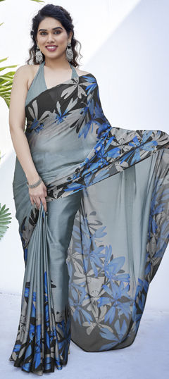 Black and Grey color Saree in Chiffon fabric with Floral, Printed work