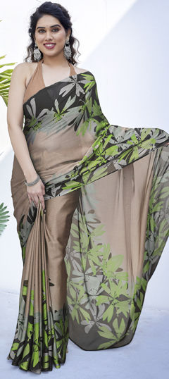 Beige and Brown color Saree in Chiffon fabric with Floral, Printed work
