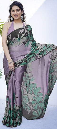 Purple and Violet color Saree in Chiffon fabric with Floral, Printed work