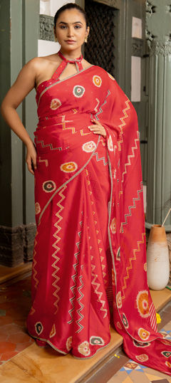 Red and Maroon color Readymade Saree in Chiffon fabric with Printed work